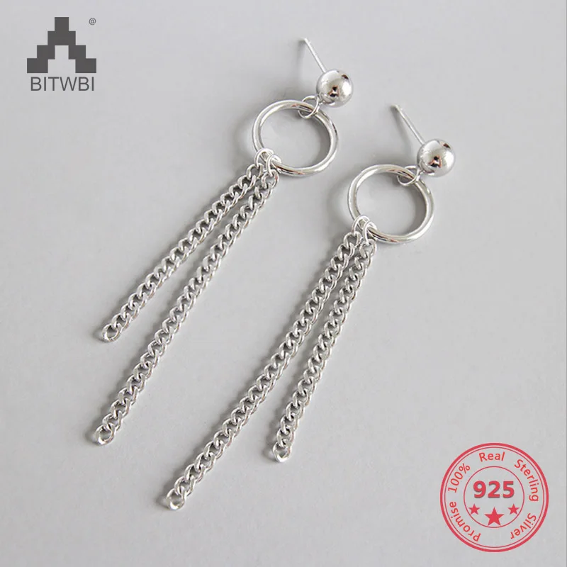 

Asymmetry 925 Sterling Silver Earrings for Women Long Chain Bead Circle Earrings Ear Drops Brincos Fashion Jewelry