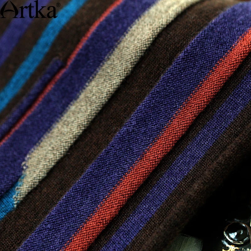 ARTKA женский осенний винтажный Повседневный однобортный полосатый шерстяной свитер с длинным рукавом и круглым вырезом YB16034D