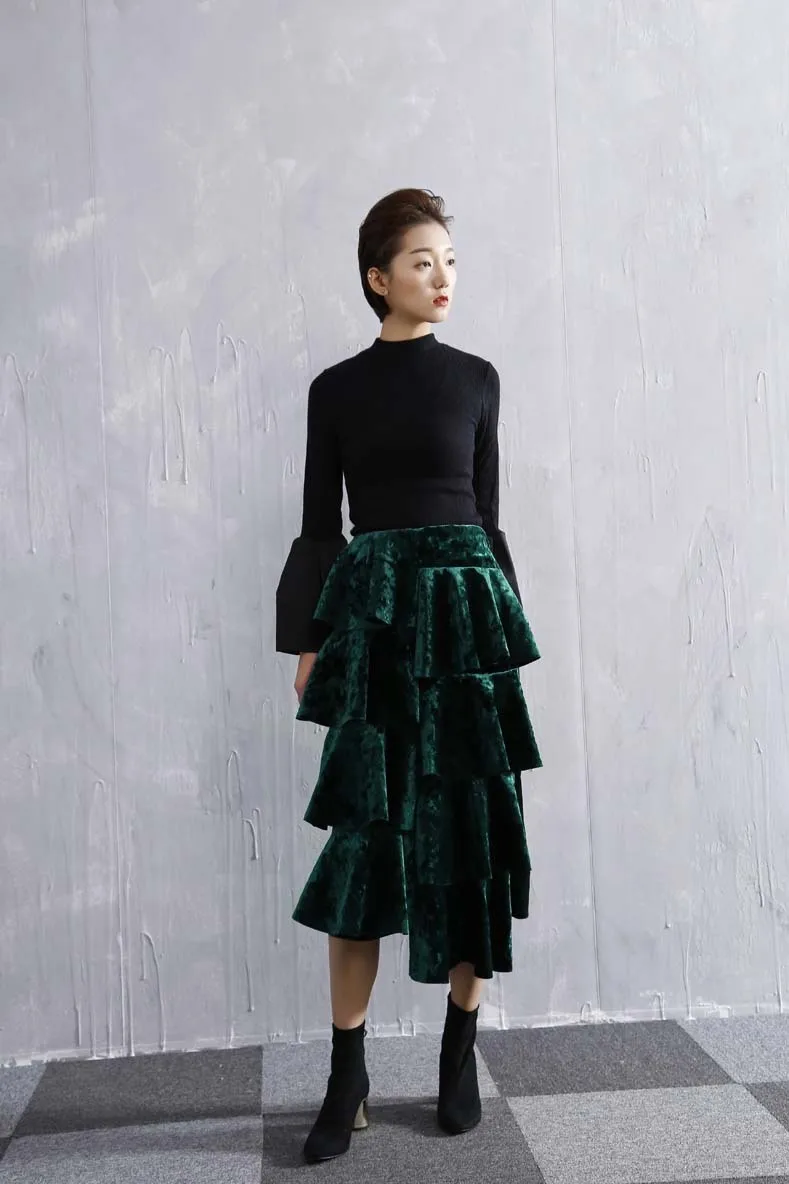 ASYMSAY Europe Lotus Leaf Asymmetry Shiny Fabric Velvet Skirt For Women Back Split Elastic High Waist Skirts Female AC2122