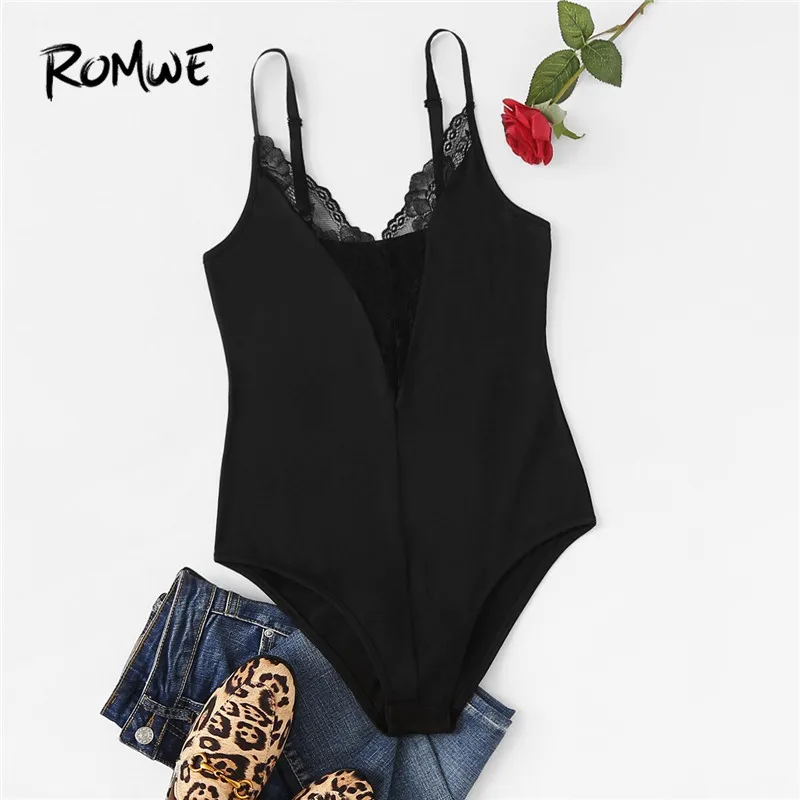 

ROMWE Black Contrast Lace Trim High Waist Skinny Cami Bodysuit Woman Sexy Spaghetti Strap Sleeveless Slim Fit Solid Bodysuits