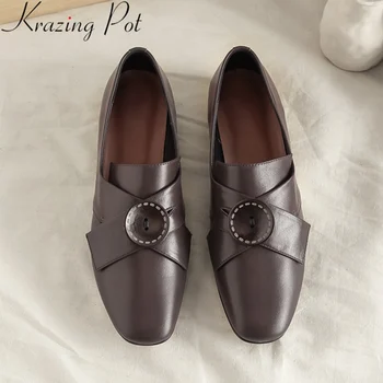 

Krazing Pot 2019 genuine leather streetwear slip on square toe low heel Button luxury pumps for women shallow casual shoes L70