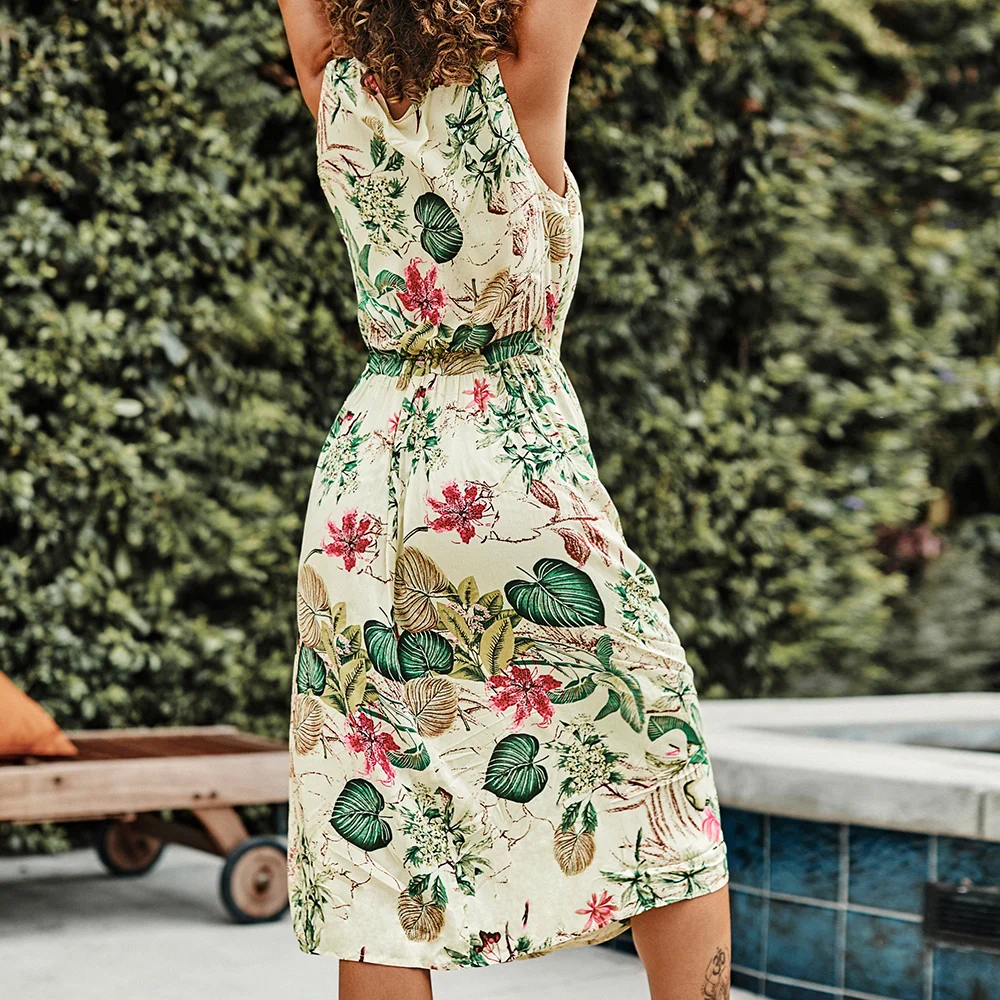 CUPSHE элегантное женское летнее платье средней длины с круглым вырезом пляжное платье с принтом тропических листьев Vestidos с поясом без рукавов Сарафан