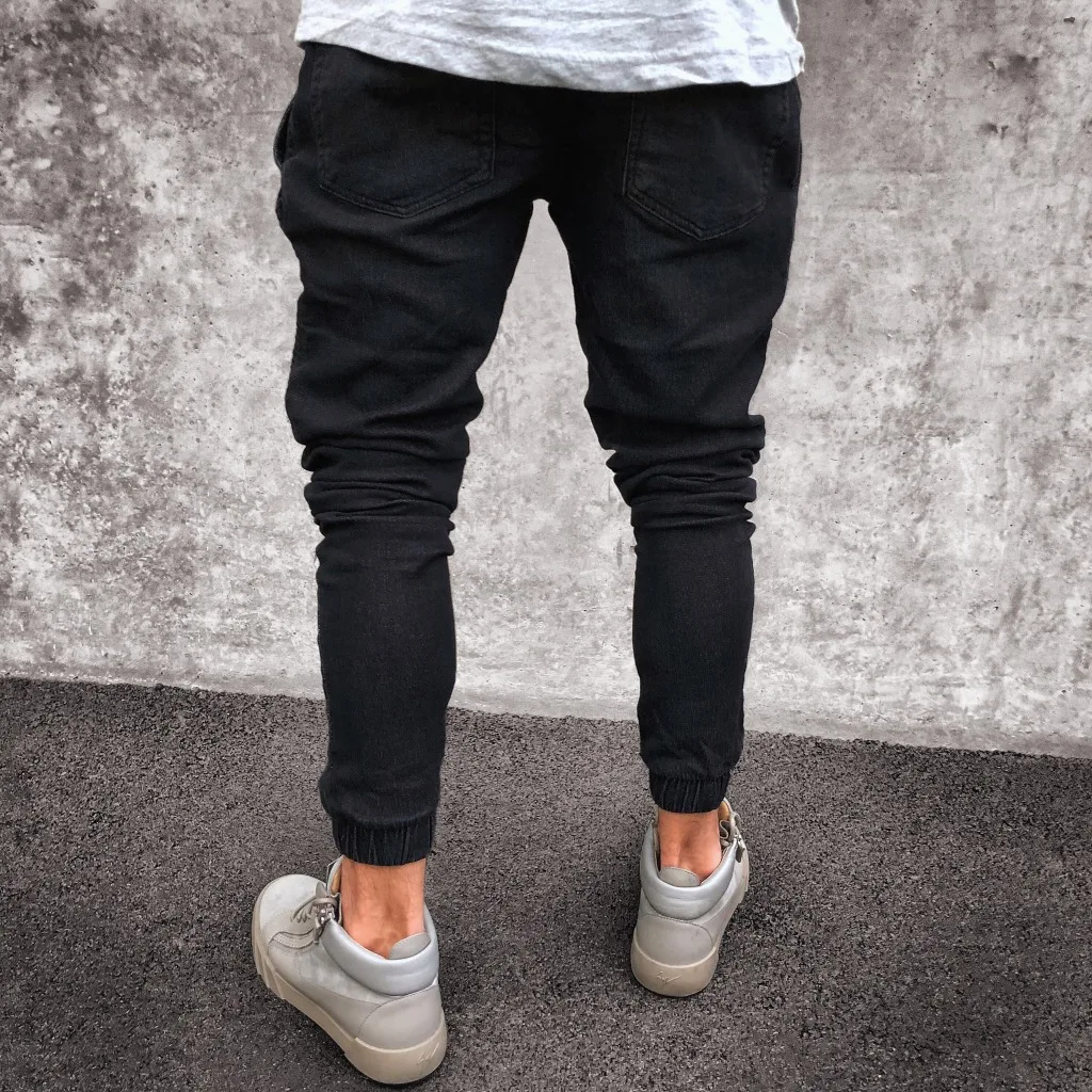 2019 Men Distressed jeans pleated skinny biker trousers black blue jeans Denim Trousers For Male slim fit hip hop jeans men pant