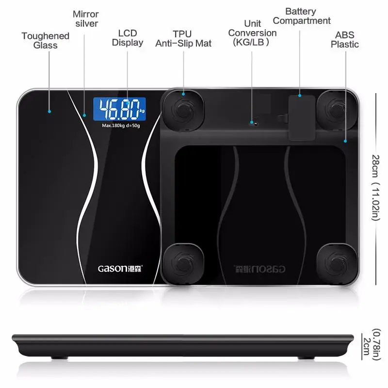 GASON A2 Bathroom Floor Body Scale Glass Smart Household Electronic Digital Weight Balance Bariatric LCD Display 180KG/50G