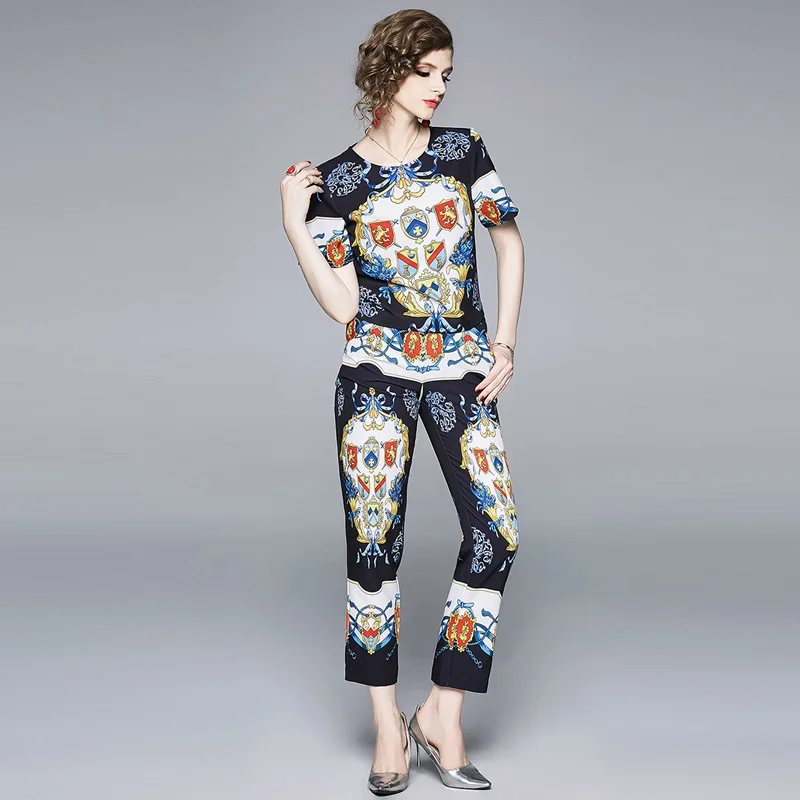 

2019 Summer Fashion Elegant Runway Retro pattern print Pant Sets Casual 2 piece Set Women Shirt Slim Pants Suits For Women