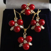 

fine Lovely Wonderful word 8MM Coral Crystal Earrings/Ring/Necklace Pendant Set gem women's jewelry free shipping