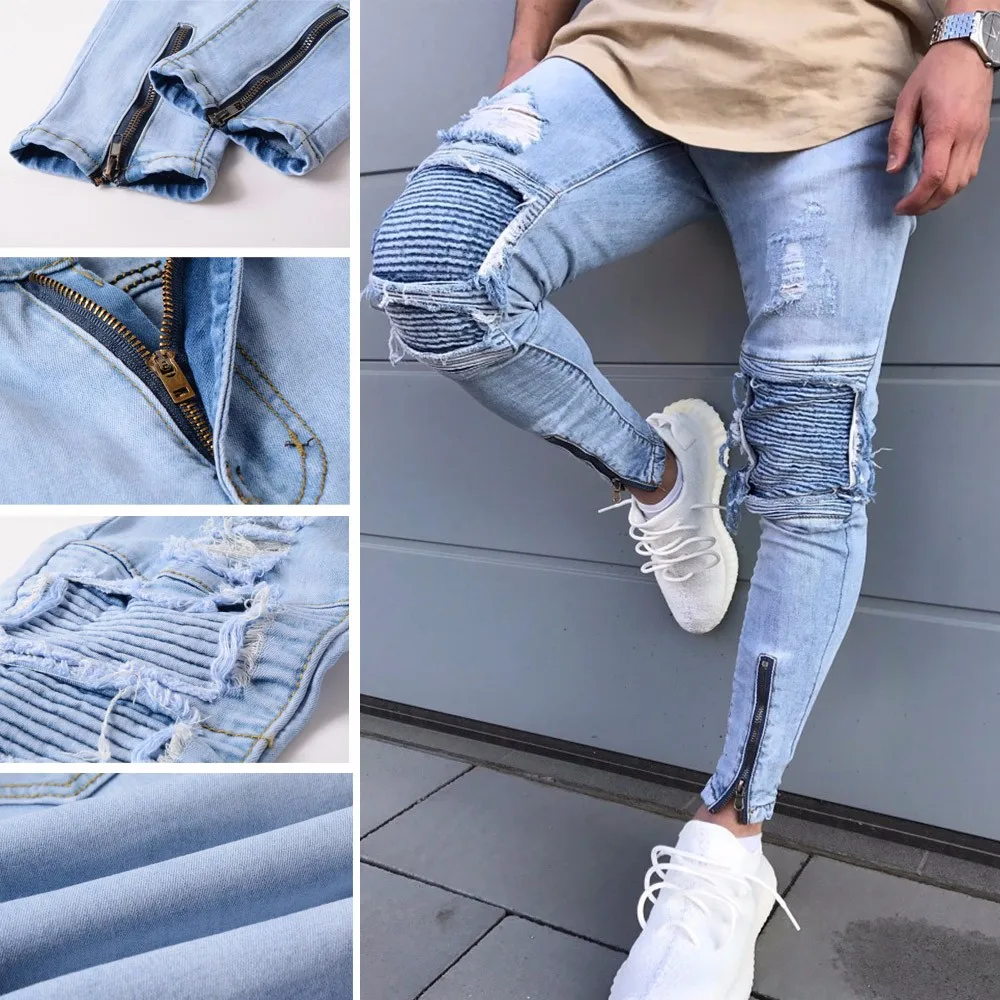 Hot Handsome Mens Jeans Sexy Casual Ripped Slim Fit Motorcycle Vintage