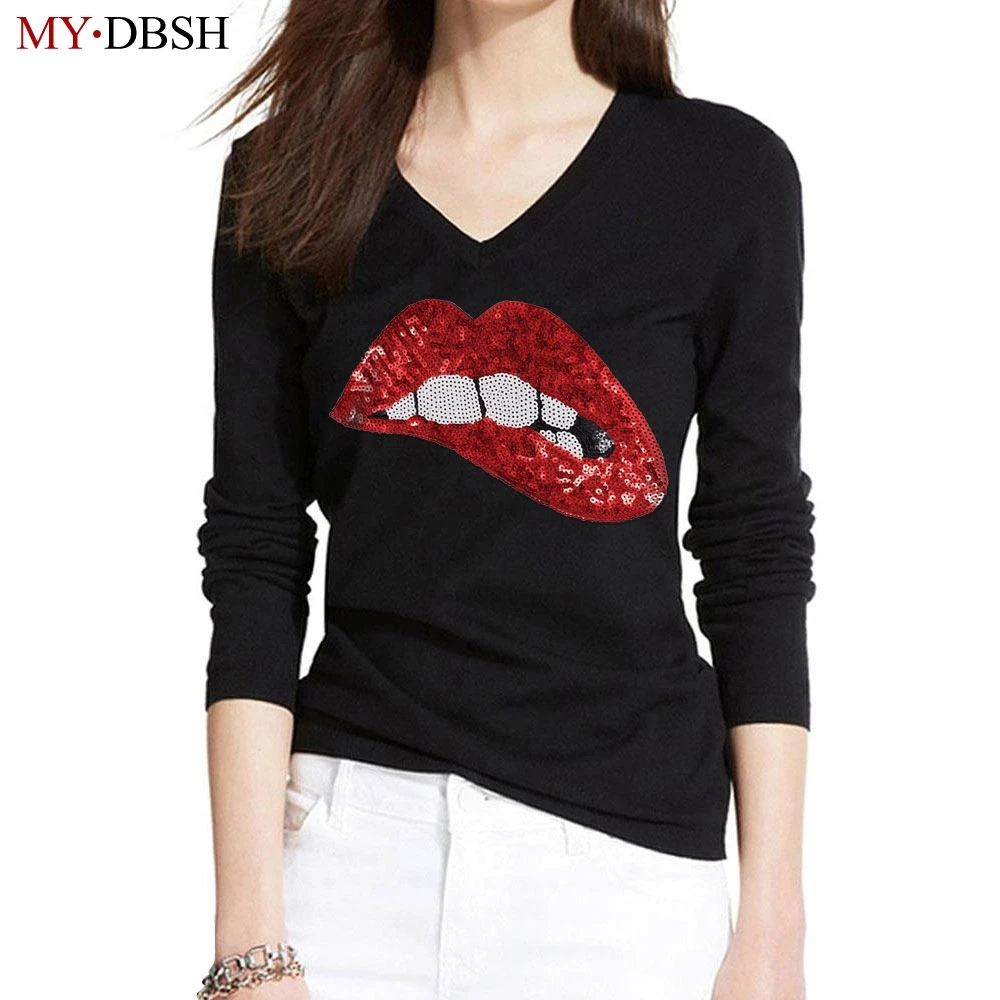 

New 2019 Fashion Sequined Lip Women t-shirts Long Sleeve Tunic Basic Tops t shirt Casual Cotton Female t shirt Plus Size S~5XL