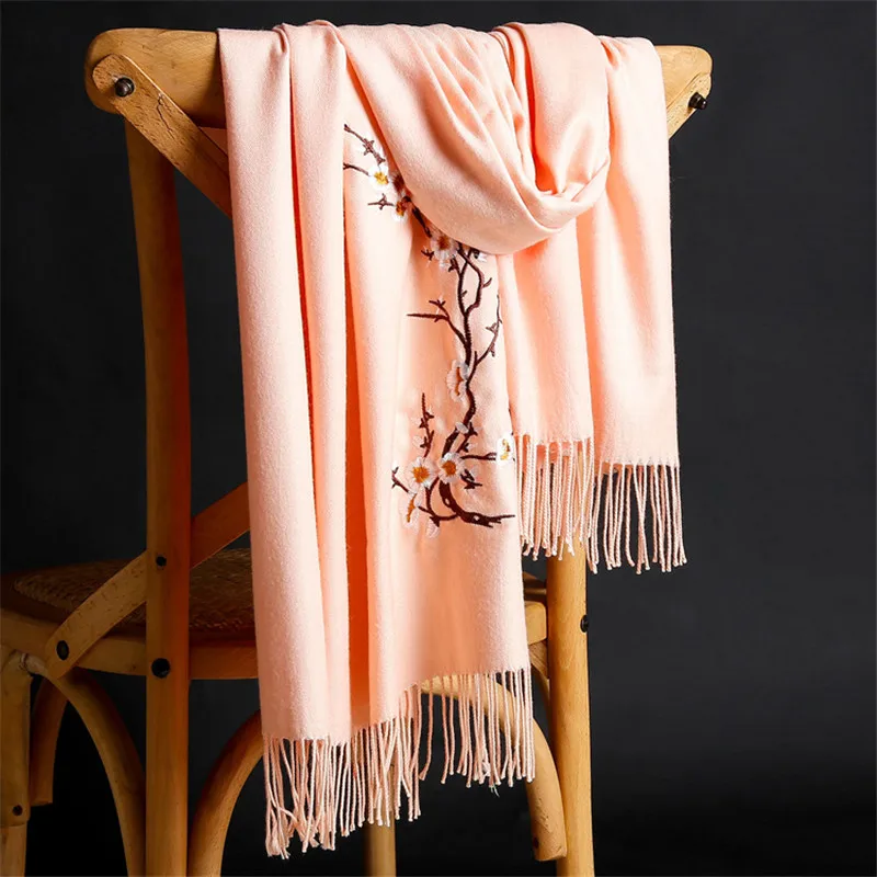

RUNMEIFA Luxury Brand 2019 Winter Warm Solid Cashmere Scarves High Quality Flower Embroidery Tassels Women Thicken Wraps Shawls