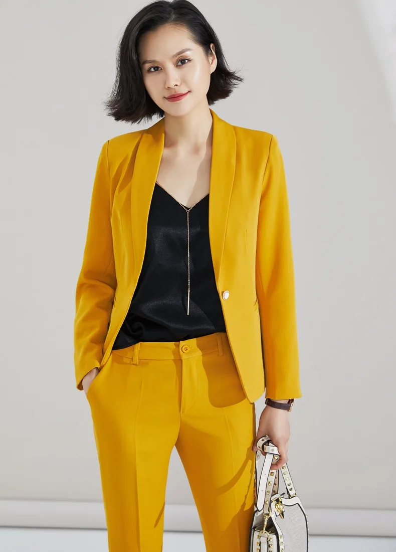 Брючный костюм для женщин S 5XL плюс Размер 2 шт комплект Желтый Блейзер Куртка желтые брюки костюм Блейзер брюки костюм комплект ow0518