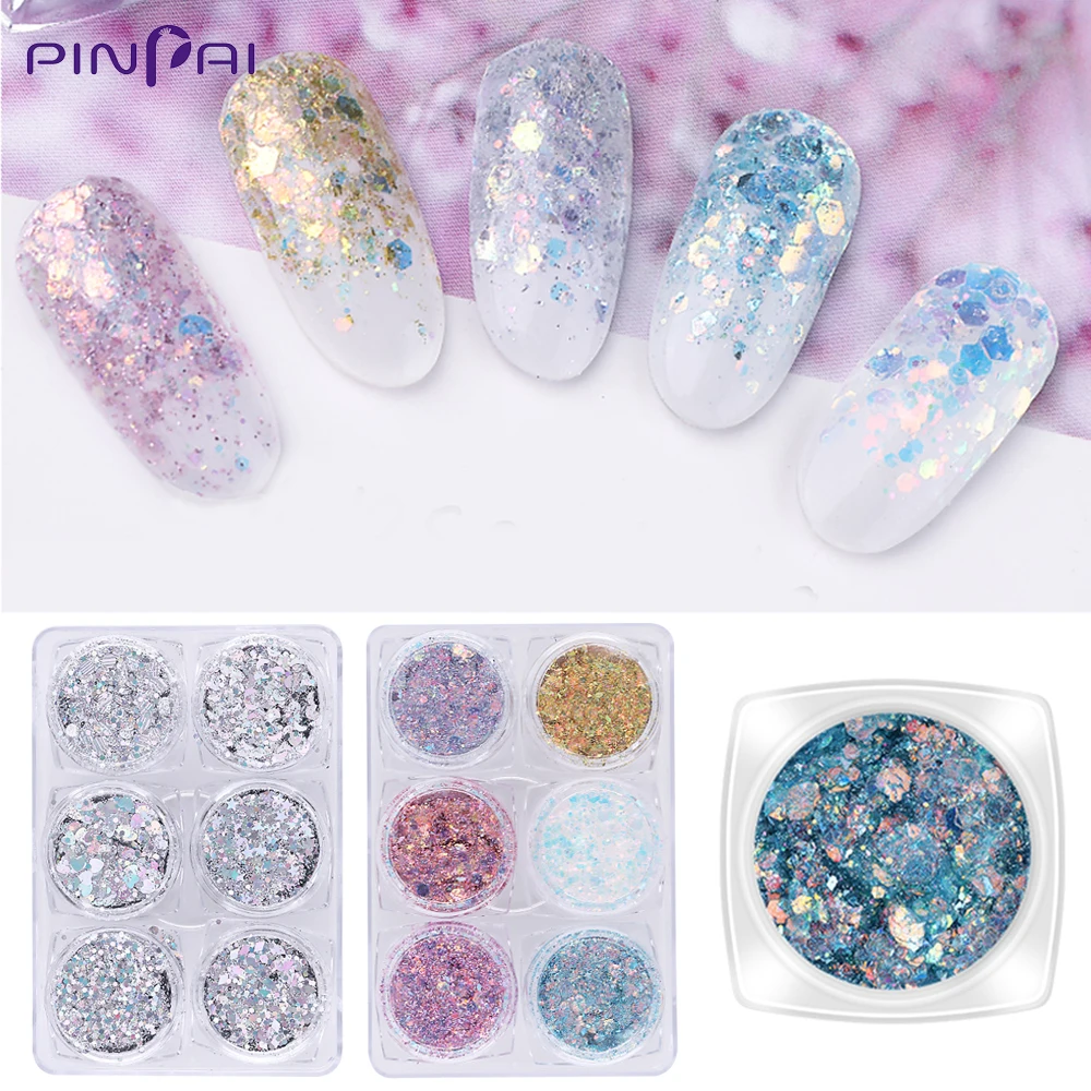 

6 Box/Set Holo Nail Art Glitter Flake Powder Hexagon Heart Star Round Laser Nail Sequins DIY Salon Manicure Nail Art Decoration