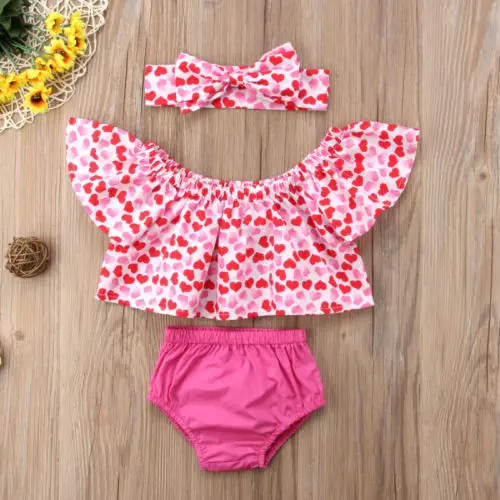 Newborn Baby Girl Off Shoulder Heart Blouse CropTops Shorts Briefs Headband 3pcs Outfits Sunsuit Clothes Set | Детская одежда и