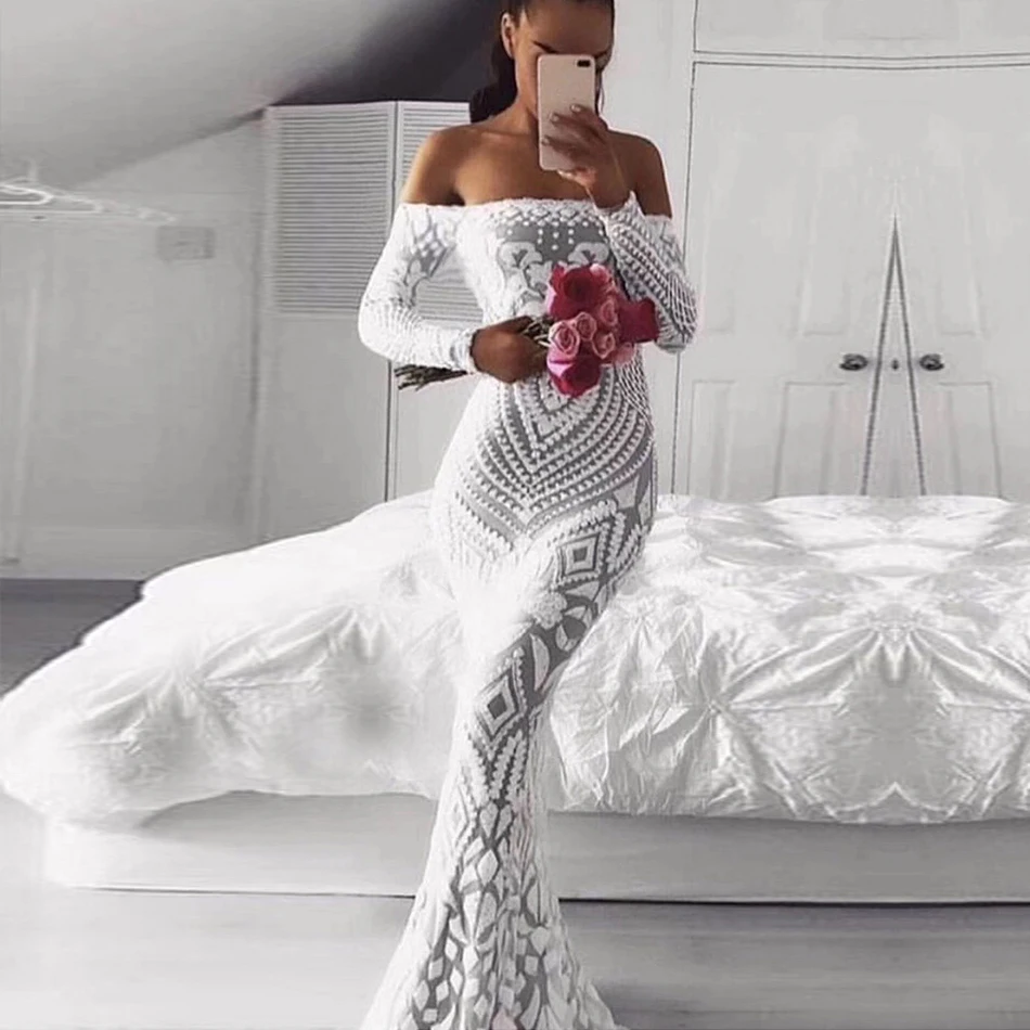 

Adyce New Slash Neck Elegant Women Celebrity Evening Party Dress Sexy White Long Sleeve Sequin Off Shoulder Club Dress Vestidos