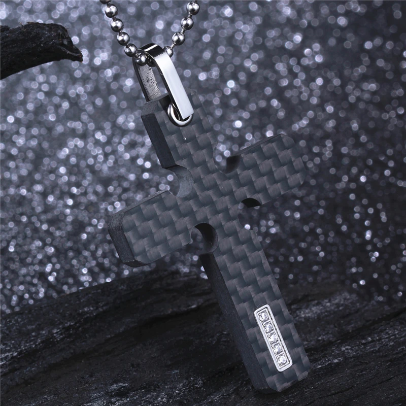 Men's Genuine Carbon Fiber Cross Necklace Pendant with Black / White CZ