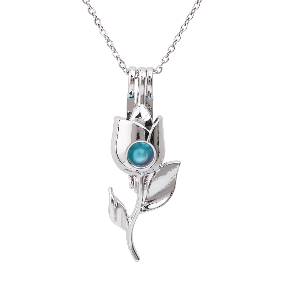 

1pc Silver Plated Rose Flower Pearl Cage Pendant Necklace Jewelry for Oyster Pearls Aroma Essential Oil Diffuser Lockets Gift