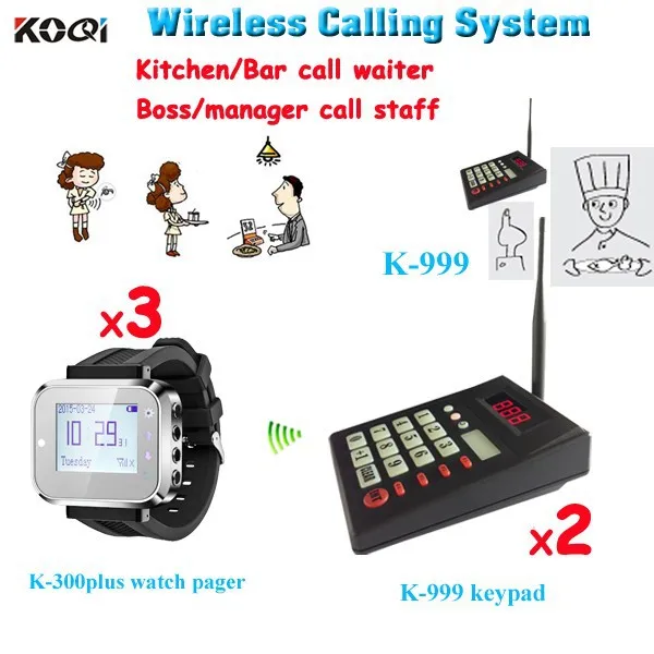 K-999+300PLUS 2+3 Wireless Paging System 2 Transmitter Keypad With 3 Watch Receiver Pagers Factory Price Pizza Shop