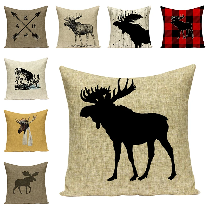 Cartoon Elk Animal Linen Pillow Cover Deer Cushion Cover Creative Home Decorative Cotton Linen Pillow Case