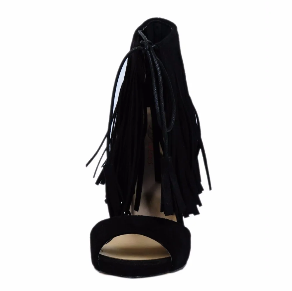 Женские босоножки из искусственной замши с черными кисточками и открытым носком на высоком каблуке, черные модные брендовые вечерние