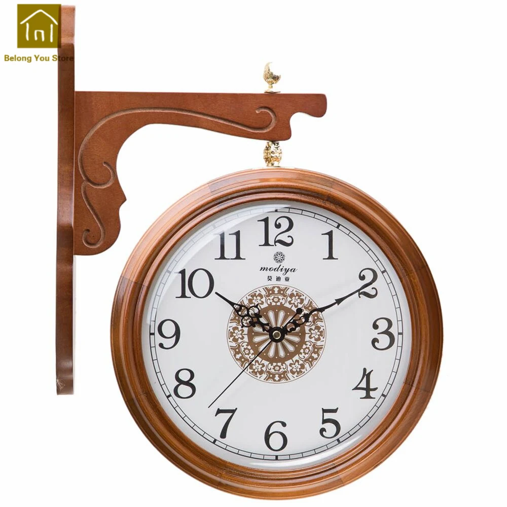 Solid Wood Double Sided Wall Clock Living Style Wooden Clock Wall Timer