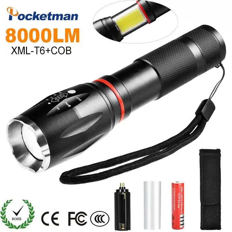 

8000Lumens LED Flashlight Rechargeable XML-T6+COB Lantern Torch Tail Magnetic 6Modes Water Resistant AAA 18650 flashlight
