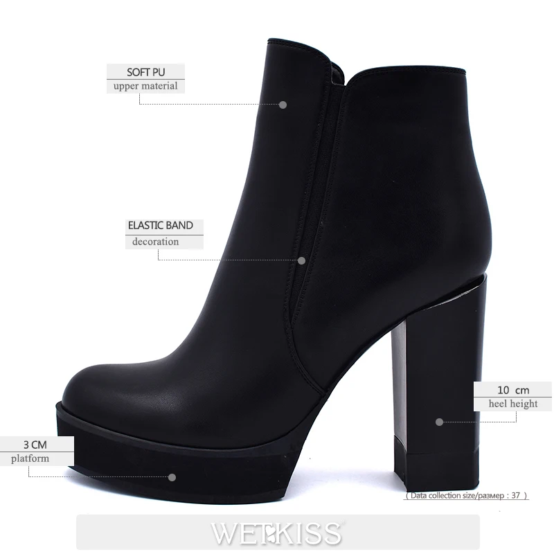 WETKISS Winter High Heels Women Ankle Boots Round Toe Zip Thick Plush Footwear Platform Female Boot Pu Shoes Women 2018 New shoes