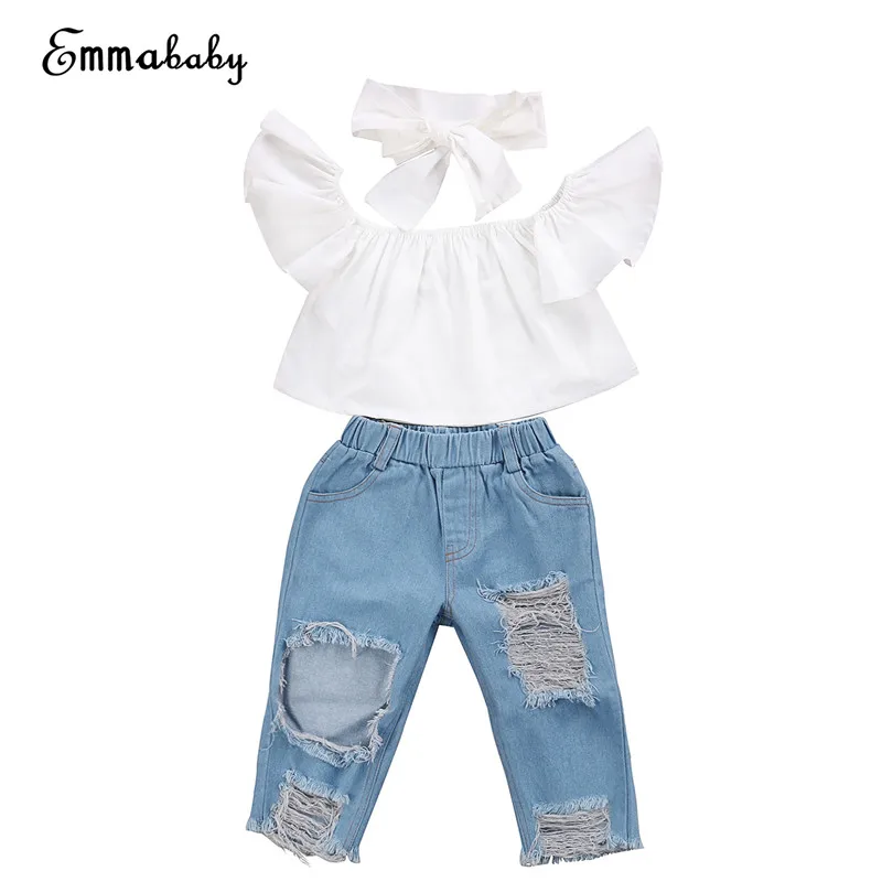 

Emmababy Newborn Toddler Girls Kids Off Shoulder Flying Sleeve Tops+Long Denim Hole Pants Jeans Outfits Set Clothes Age 1-6Y