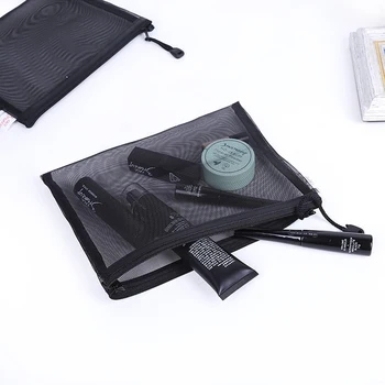 

3pcs Portable Zipper Toiletry Wash Organizer Black Cosmetic Bag Fashion Women Travel Transparent Mesh Makeup Storage Pouch