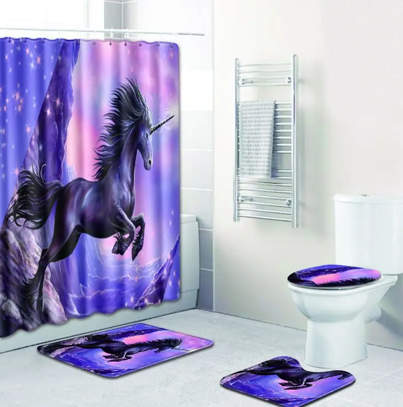 

Bath Rugs Four-piece Unicorn 4pcs Set Girl Bathroom Shower Curtain and Toilet Seat Covers and Carpet In Bath Mats and Foot Pad