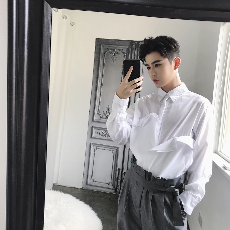 

2019 New men's clothing Fashion trend character overlap mosaic hairdresser men's shirt stage performance long sleeved shirt