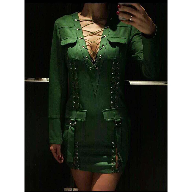 

HIGH QUALITY Newest Fashion 2018 BAROCCO Unique Runway Dress Women's Long Sleeve Deep V Lacing Retro Faux Suede Dress