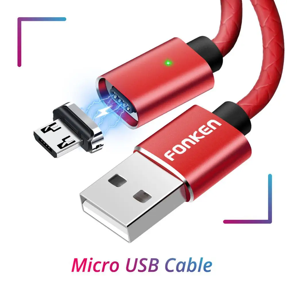 Магнитный кабель Micro USB FONKEN для быстрой зарядки, 3 А, Кабели usb type-C, 1 м, 2 м, провод Android, шнур для быстрой зарядки мобильных телефонов - Цвет: Red Micro Cable