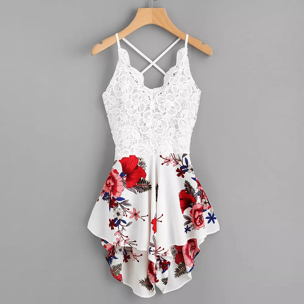 

2019 Summer macacao feminino Lace Halter V Neck Floral Playsuit Sexy Shorts Rompers Womens Overall Jumpsuits#P30