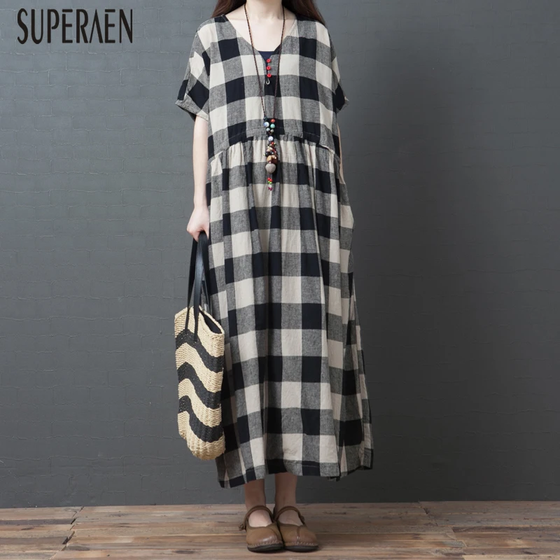 

SuperAen Summer New 2019 Korean Style Women Long Dress Loose Pluz Size Fashion Ladies Dress Plaid Short Sleeve Women Clothing