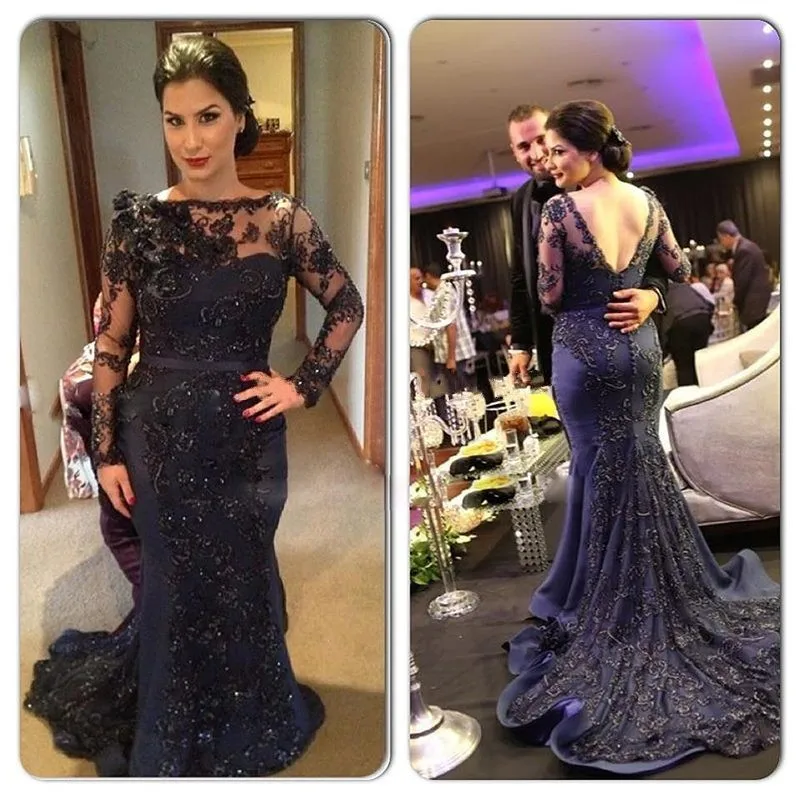 

2017 New Luxury Applique Beaded Long Evening Dresses Long Sleeves Backless Mermaid Evening Gowns Formal Women Dress XYR97