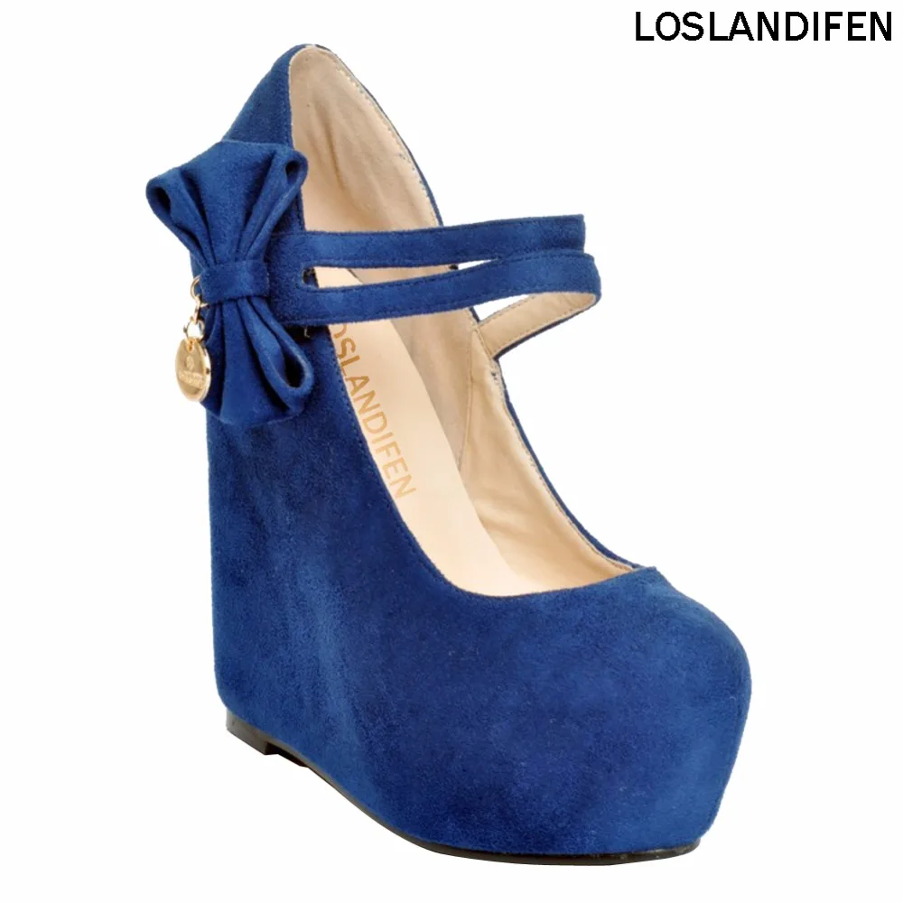 

2018 New Large Size Handcrafted Ladies Womens Fashion 15cm Faux Suede Bow Tie Wedge High Heel Platform Pumps Court Shoes XD189