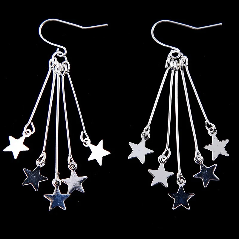 

5 Silver Stars Stick Pendant Tassel Drop Earrings Dangle Earrings for Women