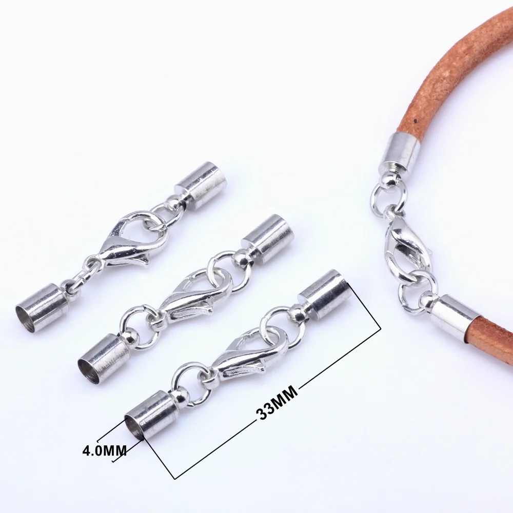 

Inside 4.0mm 12pcs round leather cord crimps end caps lobster clasp terminating Fastener DIY necklace jewelry making OlingArt