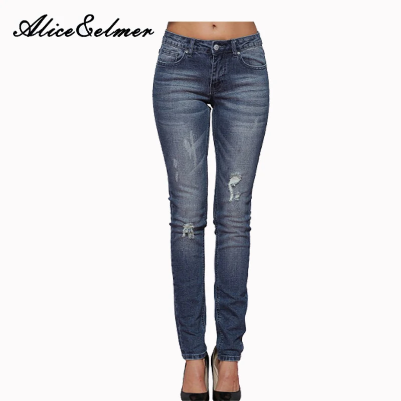 

Alice & Elmer Denim Hole Ripped Jeans For Women Mid-Rise Skinny Jeans For Women Jeans Female Pants