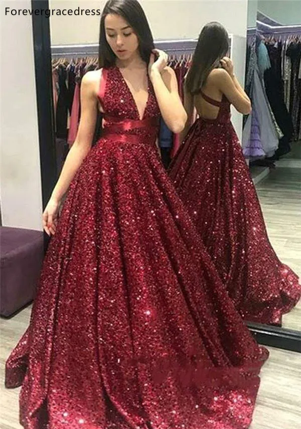 Glitz Sequined Dark Green Burgundy Evening Dresses New Arrival 2019 A Line Backless V Neck Long Vestidos Prom Gowns BC1045  129 (1)_1