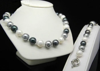 

charming Round beads 3 color 12mm black Grey white shell Pearl bracelet Necklace 18" set AAA shipping free