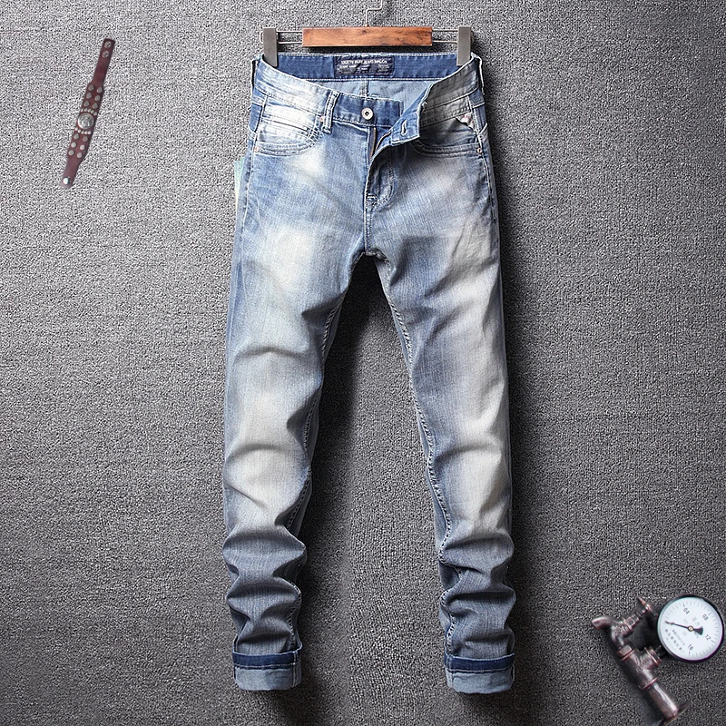 

Fashion Classical Men Jeans Light Blue White Wash High Quality Summer Casual Hip Hop Denim Pants Streetwear Simple Vintage Jeans