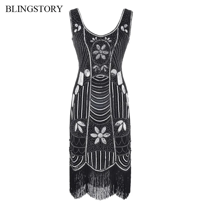 

BLINGSTORY Vintage Women 1920's Great Gatsby Bead Sequin Vestidos De Mujer Fringe Hem Flapper Flower Dress WD-K0643