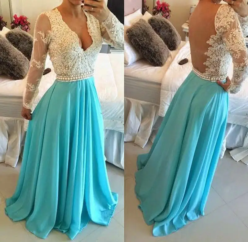 

Cecelle 2019 Sexy Backless Turquoise Chiffon Long Sleeves Prom Dresses Long A-line Appliques Pearls Evening Gowns robe de soiree