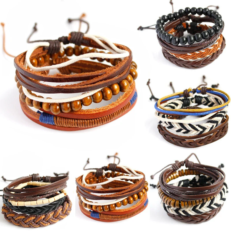 

Black Vintage Leather Bracelets For Men Handmade Braided Layered Wooden Beads Charm Bracelet Set Homme Jewelry