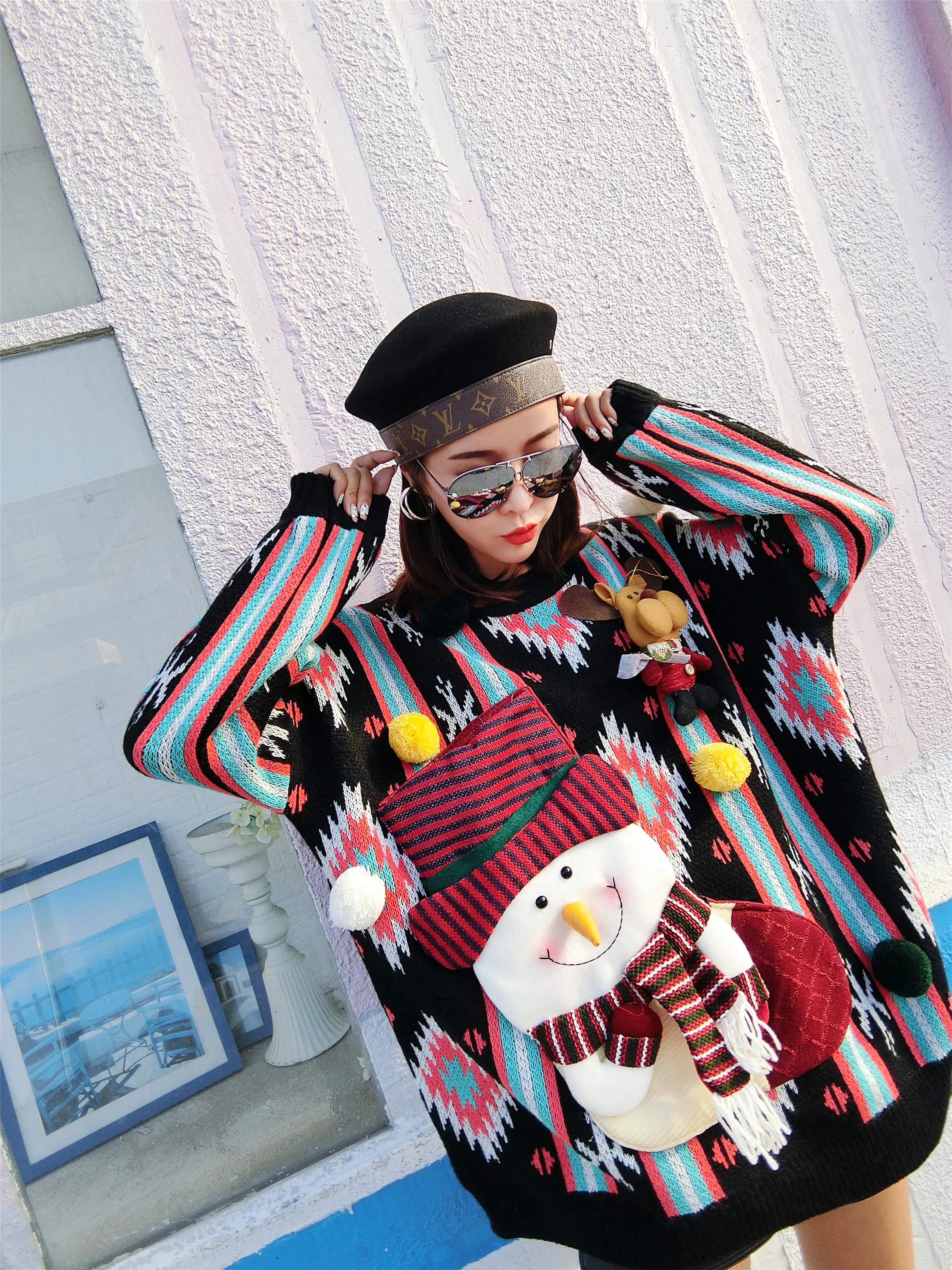 Бренд Thailand Tide, Осенний женский свитер, зимний свитер с круглым вырезом, женский свободный Рождественский свитер со снеговиком