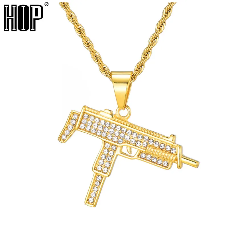

HIP Hop Iced Out Full Rhinestone Gun Pendant Necklaces Bling Gold Color Stainless Steel Necklace for Men Jewelry Dropshipping