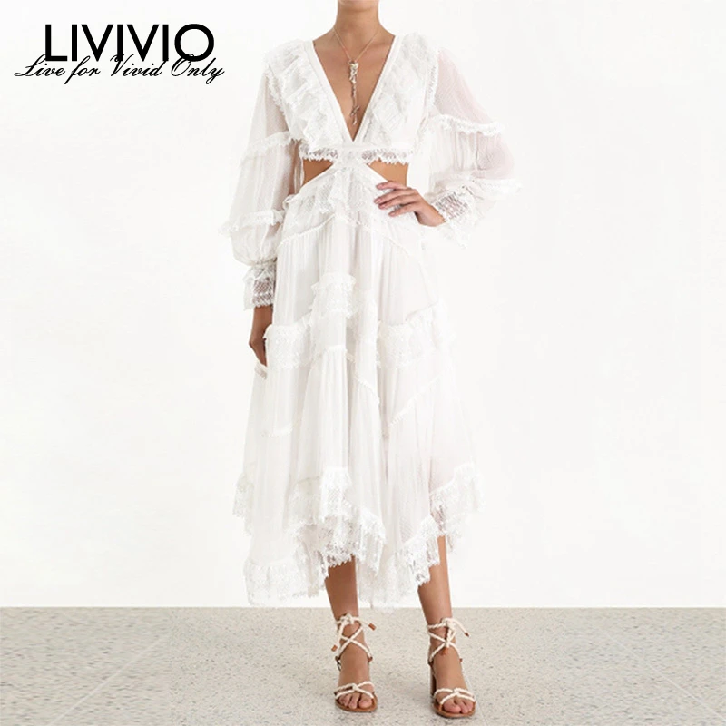 

[LIVIVIO] Lace Patchwork Women's Dress V Neck Lantern Sleeve Hollow Out Lace Up Dresses Female 2019 Fashion Summer New