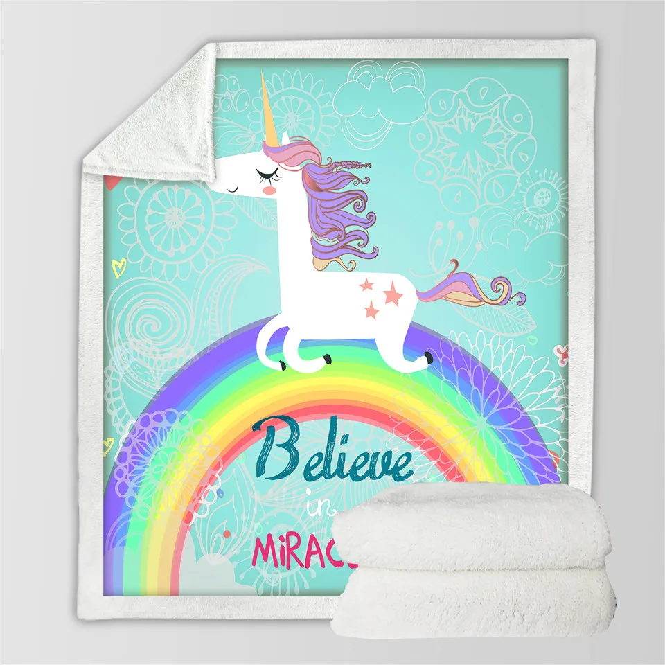 Believe Miracles Unicorn Plush Throw Blanket on Sofa Bed for Kids