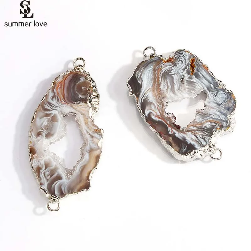 

2PCS Irregular Natural Druzy Agates Beads Silver Metal Double Hole Connectors Geometric Stone Charms for DIY Jewelry Making