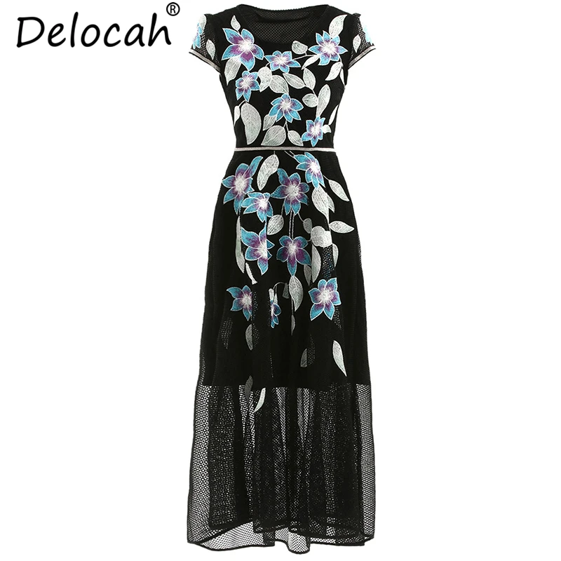 

Delocah Women Spring Summer Vintage Dress Runway Fashion Short Sleeve Floral Embroidery Mesh Overlay Elegant Vacation Dresses